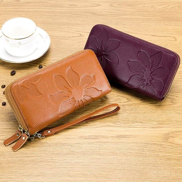 Women’s Leather RFID Wallet with Double Zipper Card Cash Slots Clutch Brown - Picture 4 of 5